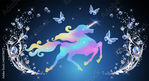 Fairytale background with fabulous unicorn, magical butterflies and fantasy bubbles, flowers ornate and shiny stars.