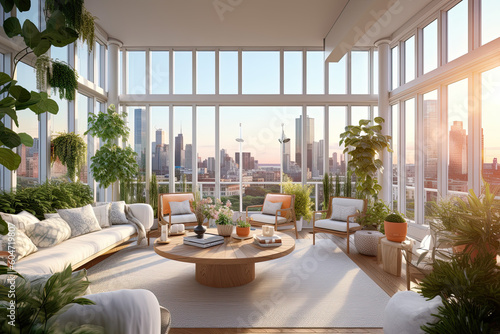 Luxury penthouse sunroom, showcasing a sun-drenched space with floor-to-ceiling windows, comfortable seating, and lush indoor plants. Generative AI