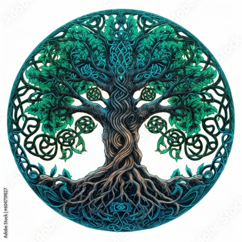 Celtic tree of life and death symbol in vivid emerald colors on white background, Generative AI