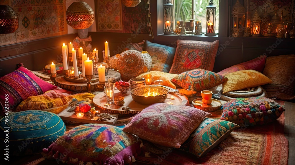 Bohemian Inspired rustic house, bohemian vibe with a low-lying table, floor pillows, white plates, boho colors textured textiles, and glassware. Generative ai