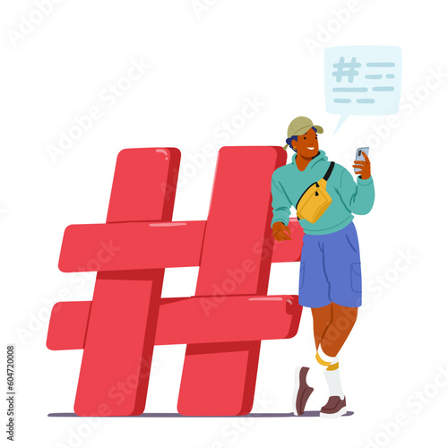 Tiny Man With Smartphone Near Huge Hashtag Sign Represents The Influence Of Social Media On Our Lives