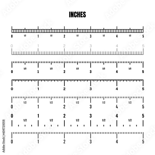 Realistic black inch scale for measuring length or height. Various measurement scales with divisions. Ruler, tape measure marks, size indicators. Vector illustration