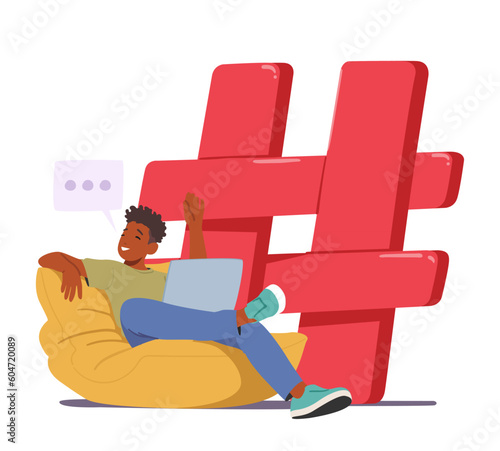 Tiny Man Character Works On Laptop Near Huge Hashtag Sign, Representing The Digital World's Impact On Communication