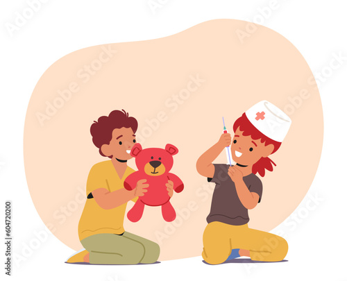 Role-playing Children Characters Engaged In Doctor Play, Examining Patients, Using Toy Medical Tools, Displaying Empathy