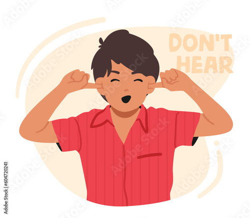 Small Boy Plugs Ears With Index Fingers, Ignores Loud Sound, I Dont Hear You Concept with Little Child Cover Ears