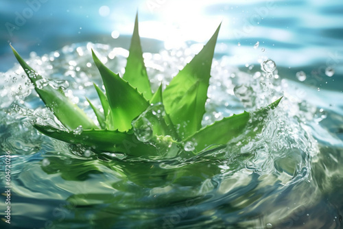 Fresh aloe vera leaves splash into the water. Pure splashes of green aloe vera gel. Generative AI