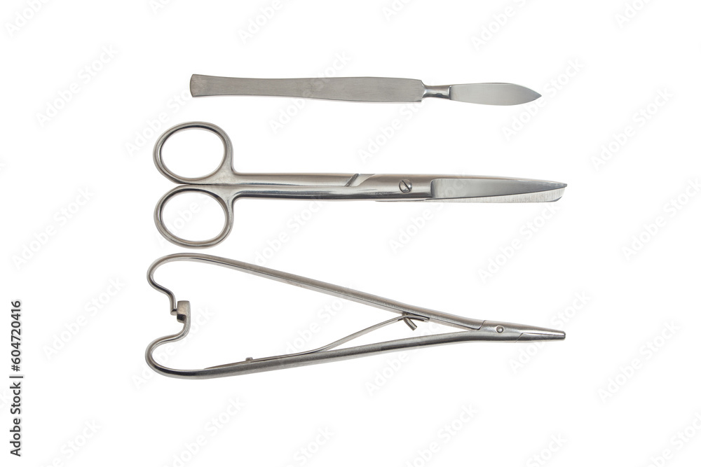 scalpel scissors and clamp surgical instrument on white background scalpel scissors and clamp surgical instrument on white background