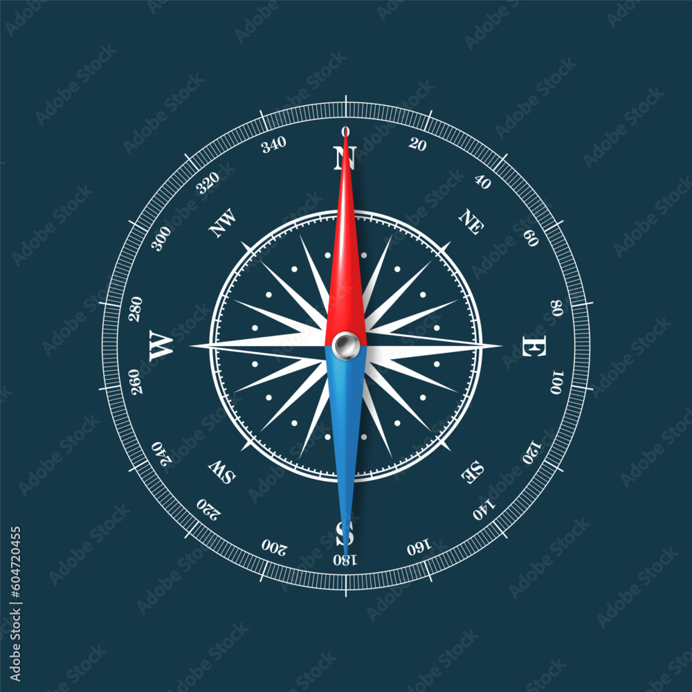 Marine compass, nautical wind rose with cardinal directions of North, East, South, West and degree markings. Geographical position and orientation, cartography and navigation. Vector illustration Marine compass, nautical wind rose with cardinal directions of North, East, South, West and degree markings. Geographical position and orientation, cartography and navigation. Vector illustration