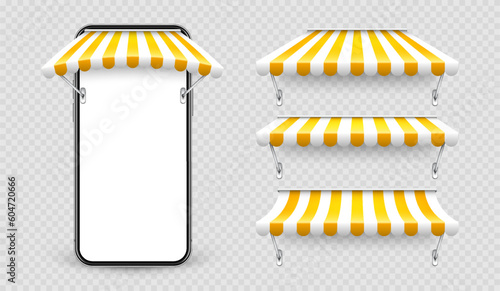Smartphone with shop sunshade and metal mount, online internet shopping. Realistic yellow striped cafe awning. Outdoor market tent. Roof canopy. Summer street store. Vector illustration
