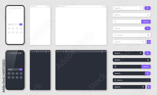 Smartphone, blank internet browser window with various search bars. Web site engine with search box, address bar and text field. UI design, website interface. Dark, light modes. Vector illustration