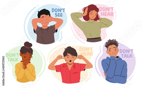 Young Characters Boy and Girls Closing Eyes, Ears and Mouth Like Three Wise Monkeys from the Saying