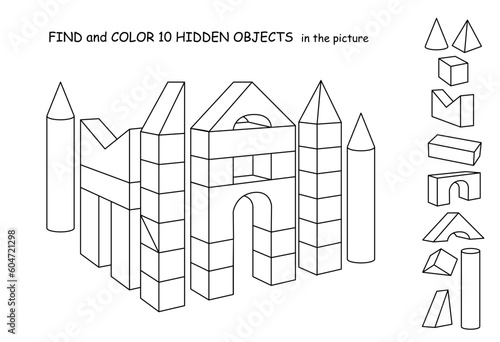 Find and color 10 hidden objects in the picture. Cubes and other shapes castle. Puzzle Hidden Items. Educational game for kids. Building. Sketch line vector illustration