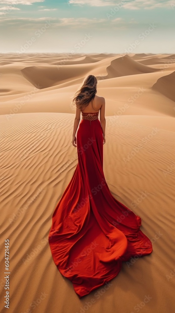Obraz premium Woman Walking Through Sand Dunes in a Red Dress. Generative ai