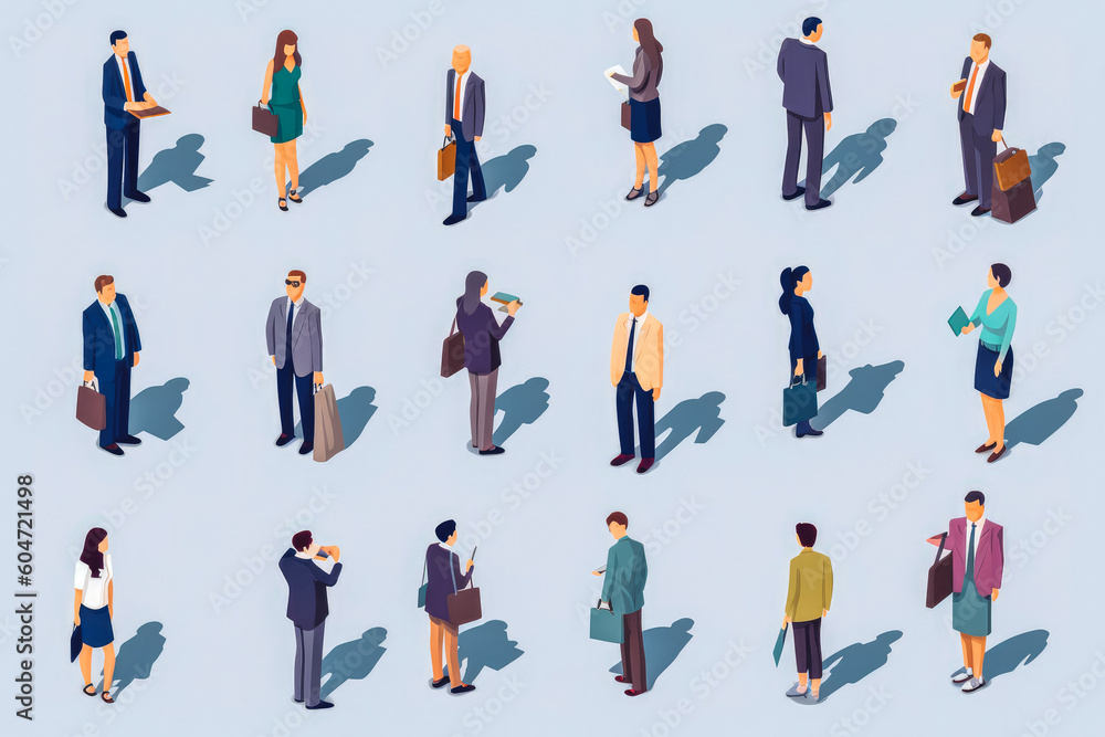 Isometric large set of businessmen and business women. Isolated on blue background, illustrated. Generative AI