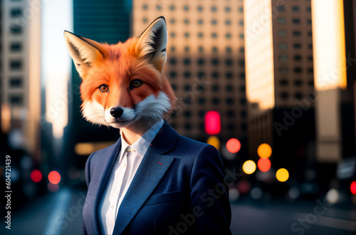 The fox is dressed in a formal suit on the body of a business woman against the background of the streets of a big city with skyscrapers. Concept of successful cunning businesswoman. Generative AI. photo