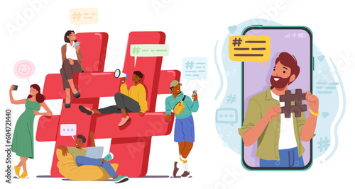 Characters Using Hashtags To Connect With Others And Categorize Their Content On Social Media Platform, Illustration