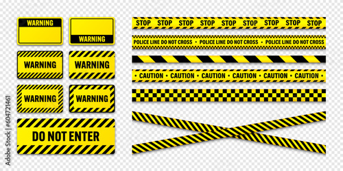 Various barricade construction tapes and warning shields. Yellow police warning line, brightly colored danger or hazard stripe, ribbon. Restricted area, zone. Attention symbol. Vector illustration © 32 pixels