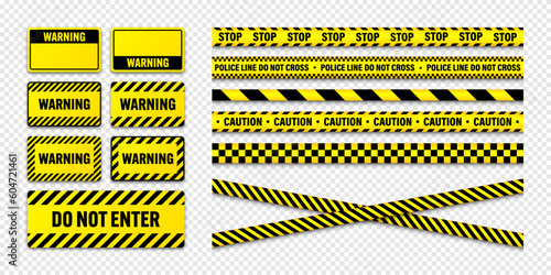 Various barricade construction tapes and warning shields. Yellow police warning line, brightly colored danger or hazard stripe, ribbon. Restricted area, zone. Attention symbol. Vector illustration