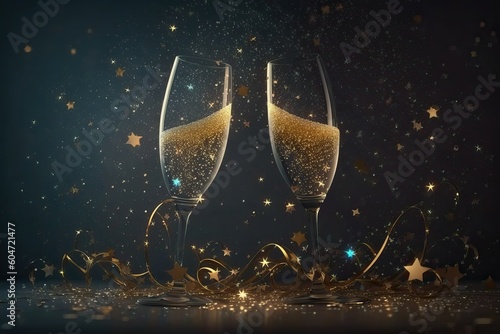 Two glasses of champagne, toasting at night with bokeh lights, sparkles and sparks in the background.pleasant festive atmosphere. generative AI