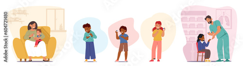 Diabetes Children Control. Little Characters Managing And Monitoring Diabetes, Using Tools For Optimal Health