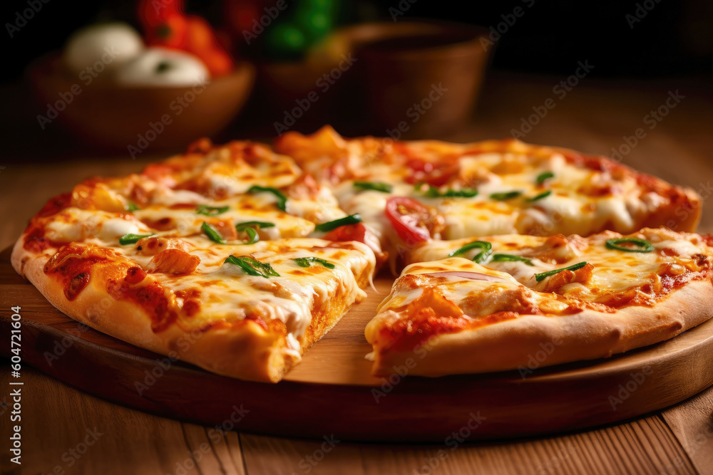 Hot pizza. Cheese crust seafood topping sauce with vegetables in background. Italian cuisine and lifestyle concept. Generative AI