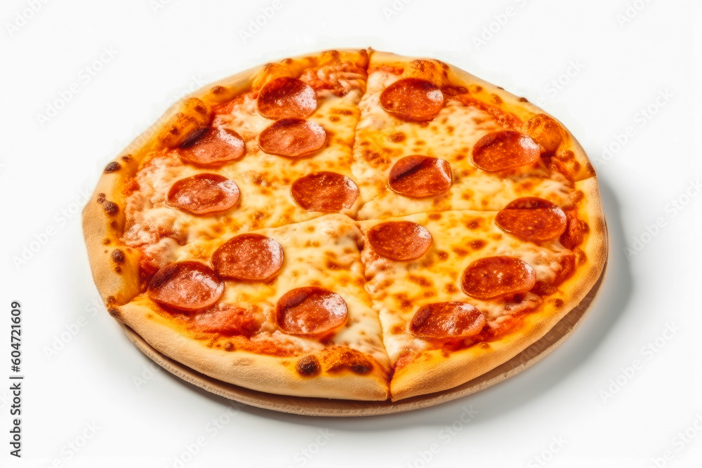 Hot pepperoni pizza on white background. Fresh pizza, Italian cuisine and lifestyle concept. Generative AI Hot pepperoni pizza on white background. Fresh pizza, Italian cuisine and lifestyle concept. Generative AI
