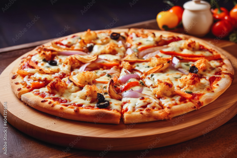 Hot pizza. Cheese crust seafood topping sauce with vegetables in background. Italian cuisine and lifestyle concept. Generative AI