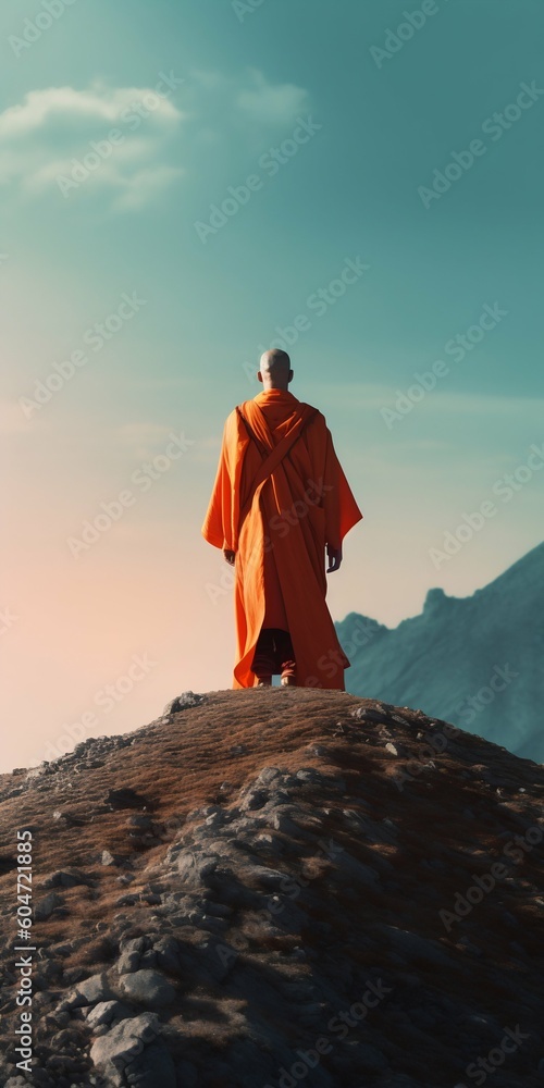 Fototapeta premium Monk Alien in Orange Robe Meditating at Sunrise Over Mountain Hill. Generative ai
