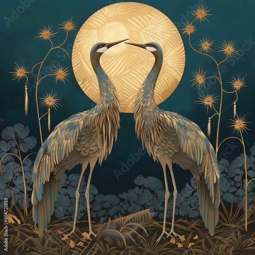 two cranes with golden moon in the style of a kimono, generative ai © CROCOTHERY