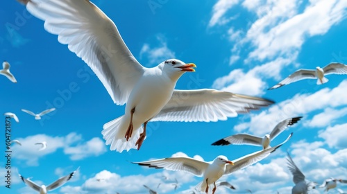 seagulls fly against the blue sky with clouds. Sea birds gracefully fly in the air. Generative AI