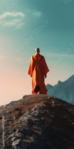 Monk Alien in Orange Robe Meditating at Sunrise Over Mountain Hill. Generative ai