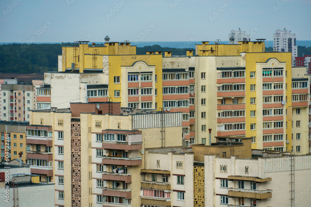 Dense urban development. A modern area of the city with beautiful multi-colored multi-storey buildings. Top view of the sleeping area of the city. Dense urban development. A modern area of the city with beautiful multi-colored multi-storey buildings. Top view of the sleeping area of the city.