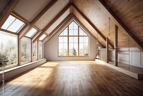 Interior of an empty attic room with white walls, a hardwood floor, and a pitched ceiling with lots of windows. place a copy. Generative AI