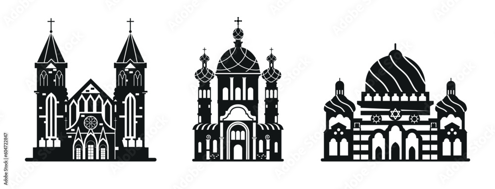 Orthodox And Catholic Church, And Mosque Traditional Religious Architecture Buildings Black And White Icons