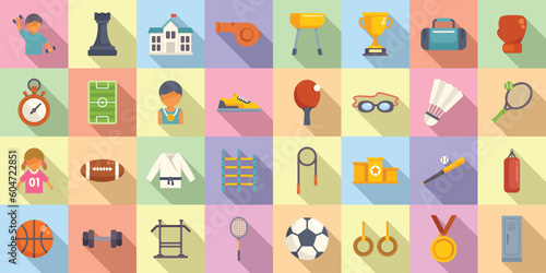 Sports school icons set flat vector. Baby girl. People camp