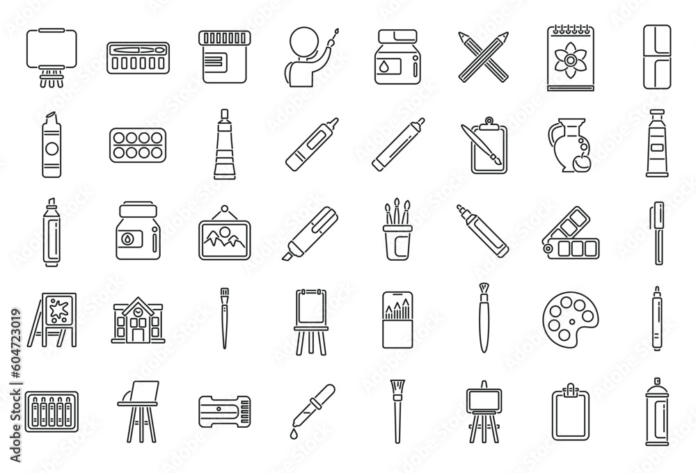 Fototapeta premium Painting school icons set outline vector. Class student. Graduate study