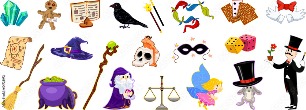 Fototapeta premium Wizard tools icons set cartoon vector. Magic wand. Stick show
