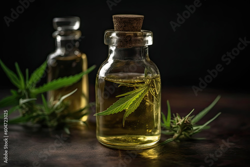 Cannabis leave and oil on wooden background. CBD oil hemp products, medical marijuana, created with Generative AI