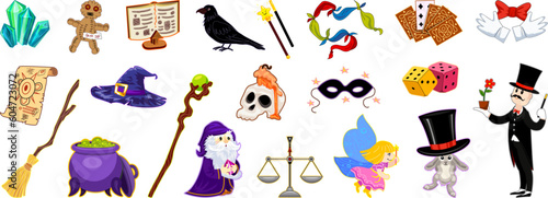 Wizard tools icons set cartoon vector. Magic wand. Stick show