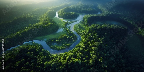 amazonas rainforest, tropical river landscape, fictional landscape created with generative ai © CROCOTHERY