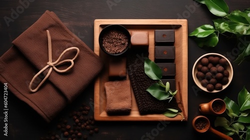 natural cosmetic. Spa skin care ingredients for chocolate wraps. Cocoa powder, chocolate, milk, cinnamon, clean towels and burning candles close-up on a dark background. Generative AI