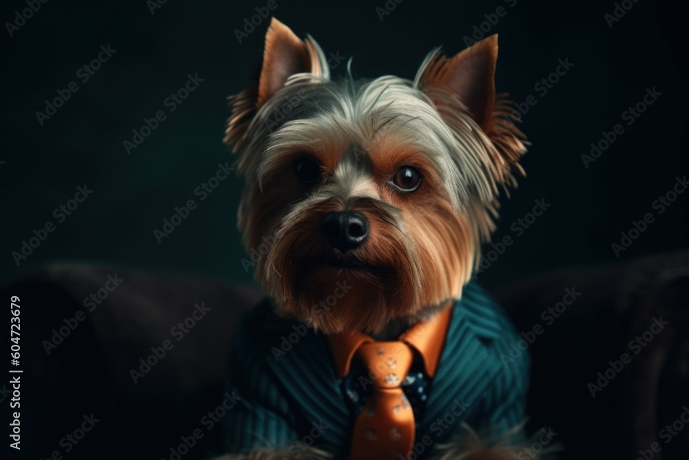 Anthropomorphic Yorkshire terrier dog dressed in a suit like a businessman. Business Concept. AI generated