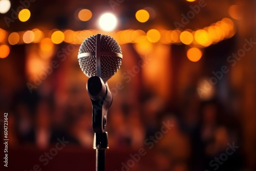 Microphone at a concert in a club with selective focus. AI generated, human enhanced