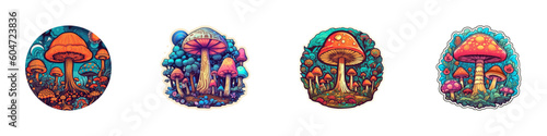 Mushroom psychedelic stickers. Vector illustration.