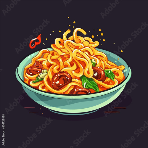 Cartoon spaghetti logo. Vector illustration.