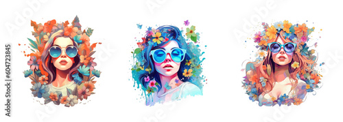 Girl in sunglasses with floral. Vector illustration.