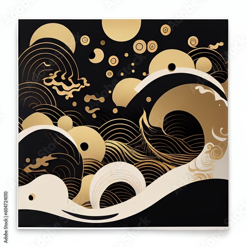 Mountains of gold, black, and white nature-breathing oshie and makie in traditional Japanese Ukiyoe Abstract, Elegant, and Modern AI-generated illustration