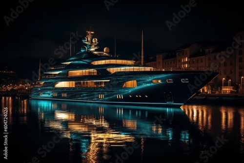 Luxury yacht at night in the bay off the coast. AI generated, human enhanced. © top images