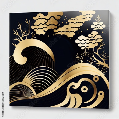 Gold, black, and white traditional Japanese Ukiyoe Mountains Maki-e and Oshie with vivid colors inspired by nature Abstract Elegant Modern AI-generated illustration photo