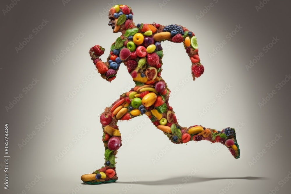 Silhouette of a man from fruits and vegetables. Energy concept for vegetarians. AI generated, human enhanced Silhouette of a man from fruits and vegetables. Energy concept for vegetarians. AI generated, human enhanced